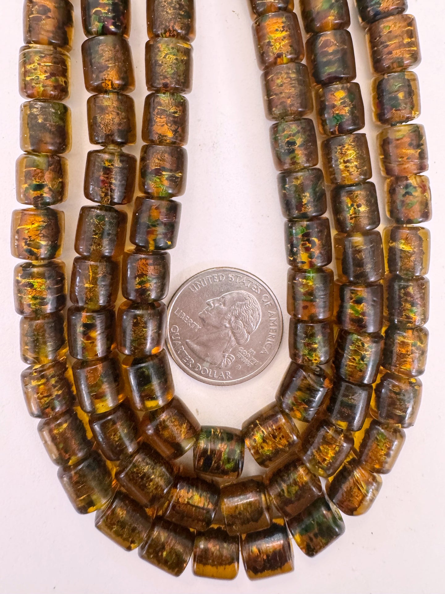 dark brown golden amber green swirl, vintage look glass, 10x9mm barrel tube, 15