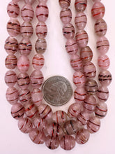 dark pale lavender pink red black white metallic copper swirl, vintage look glass, 10x9mm barrel tube, 15" strand, sold per strand