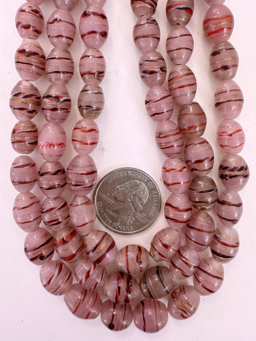 dark pale lavender pink red black white metallic copper swirl, vintage look glass, 10x9mm barrel tube, 15