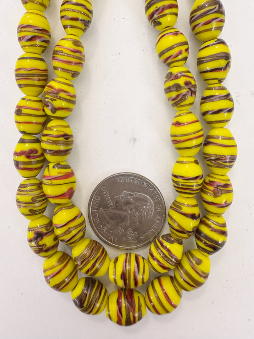 yellow red black white metallic copper swirl, vintage look glass, 12x9mm bowed tube, 15