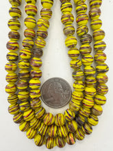 yellow red black white metallic copper swirl, vintage look glass, 9mm round, 15" strand, sold per strand