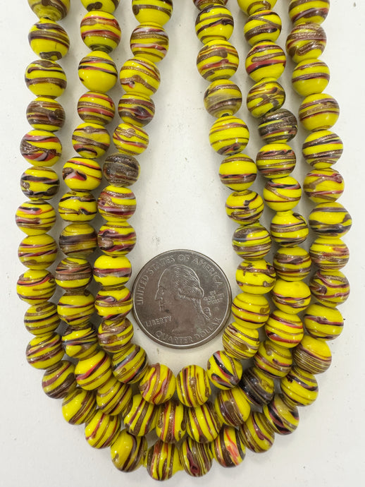 yellow red black white metallic copper swirl, vintage look glass, 9mm round, 15