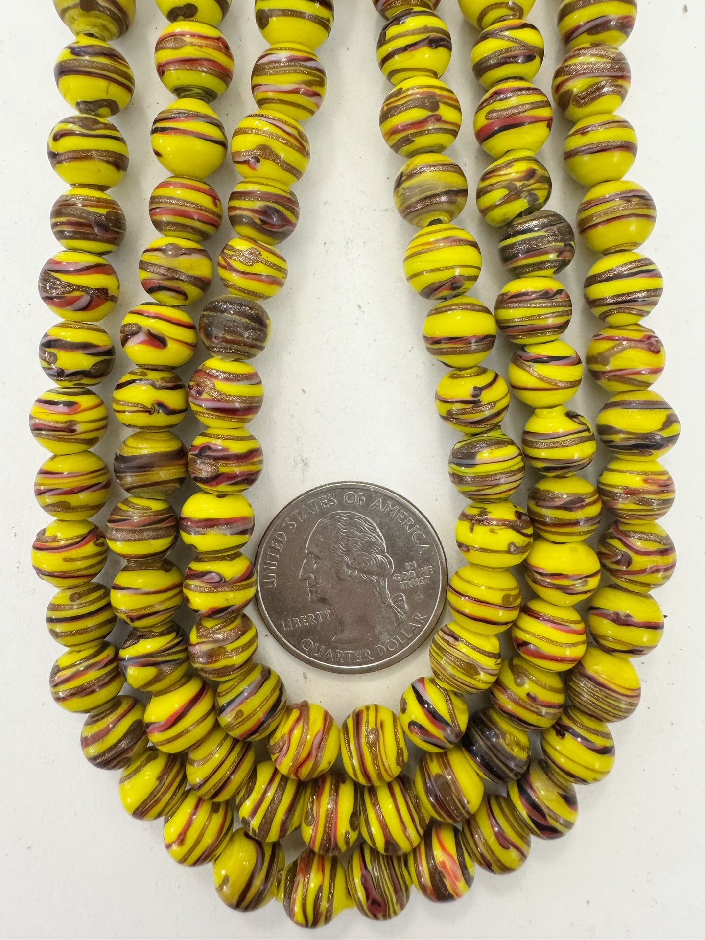yellow red black white metallic copper swirl, vintage look glass, 9mm round, 15