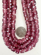 matte dark pale red purple white polka dot, vintage look glass, 9mm cube, 15" strand, sold per strand