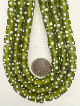 matte pale dark olive green white polka dot, vintage look glass, 9mm cube, 15" strand, sold per strand