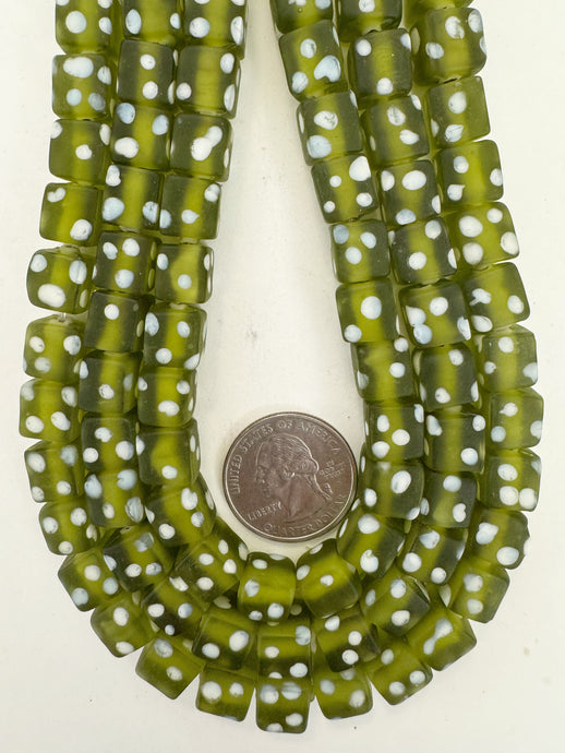matte pale dark olive green white polka dot, vintage look glass, 9mm cube, 15