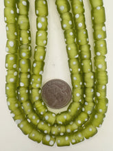 matte pale olive green white polka dot, vintage look glass, 11x8mm tube, 15" strand, sold per strand