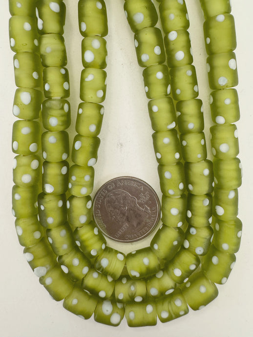 matte pale olive green white polka dot, vintage look glass, 11x8mm tube, 15