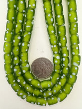 matte pale green white polka dot, vintage look glass, 11x8mm tube, 15" strand, sold per strand