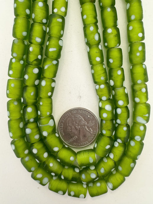 matte pale green white polka dot, vintage look glass, 11x8mm tube, 15