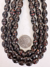 dark purple white red metallic copper swirl motif, vintage look glass, 14x10mm bowed tube barrel, 15" strand, sold per strand