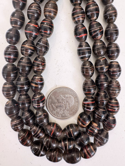 dark purple white red metallic copper swirl motif, vintage look glass, 14x10mm bowed tube barrel, 15