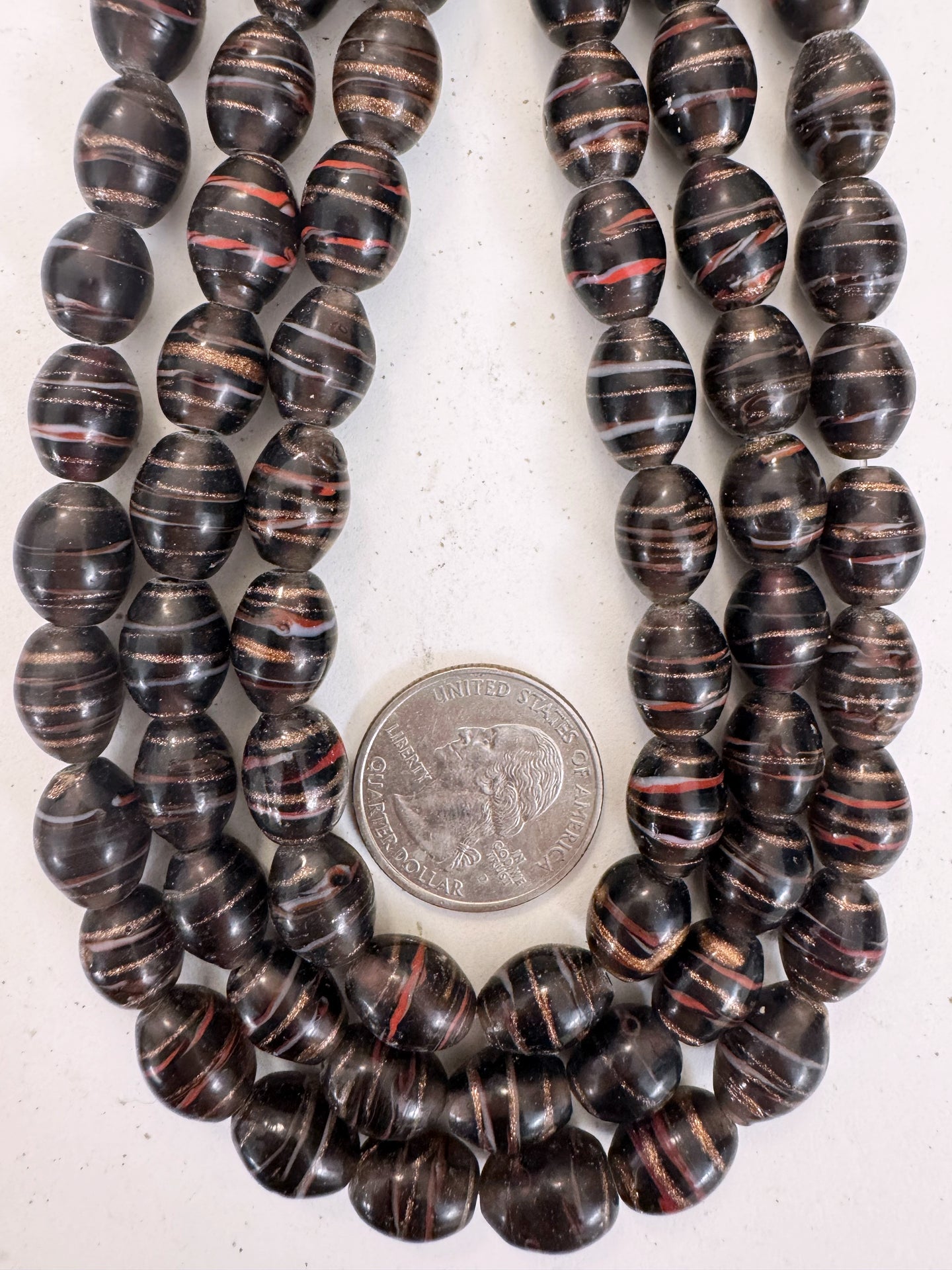 dark purple white red metallic copper swirl motif, vintage look glass, 14x10mm bowed tube barrel, 15