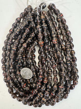 dark purple white red metallic copper swirl motif, vintage look glass, 14x10mm bowed tube barrel, 15" strand, sold per strand