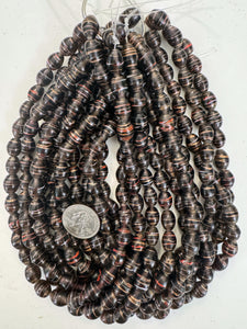 dark purple white red metallic copper swirl motif, vintage look glass, 14x10mm bowed tube barrel, 15" strand, sold per strand