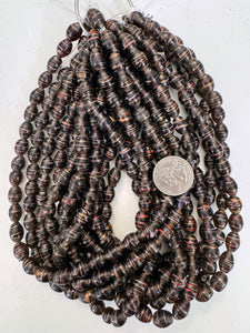 dark purple white red metallic copper swirl motif, vintage look glass, 11x9mm bowed tube barrel, 15" strand, sold per strand