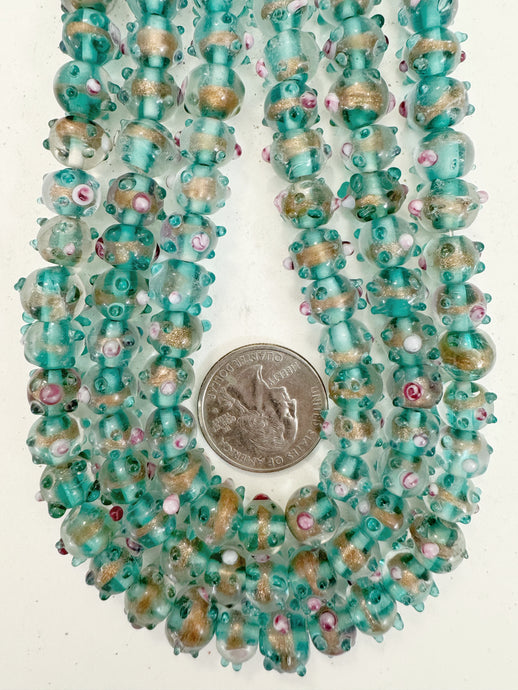 clear blue green magenta white metallic copper swirl dotted inside lined motif, vintage look glass, 10x8mm rondelle, 15