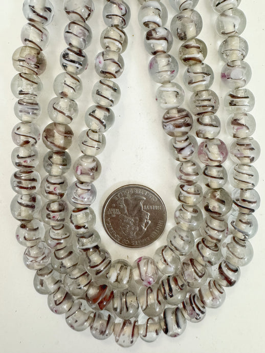 clear dark purple whit pink swirl motif, vintage look glass, 10x9mm rondelle, 15