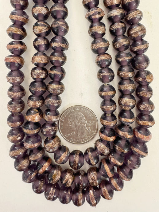 dark purple metallic copper swirl stripe motif, vintage look glass, 10x8mm rondelle, 15