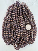 dark purple metallic copper swirl stripe motif, vintage look glass, 10x8mm rondelle, 15" strand, sold per strand