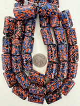 black pale red dark pale blue dotted motif, vintage look glass, 26x16mm tube, 15" strand, sold per strand