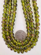 black pale dark olive green black red white metallic copper swirl motif, vintage look glass, 9x7mm rondelle, 15" strand, sold per strand
