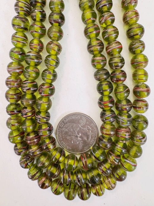 black pale dark olive green black red white metallic copper swirl motif, vintage look glass, 9x7mm rondelle, 15