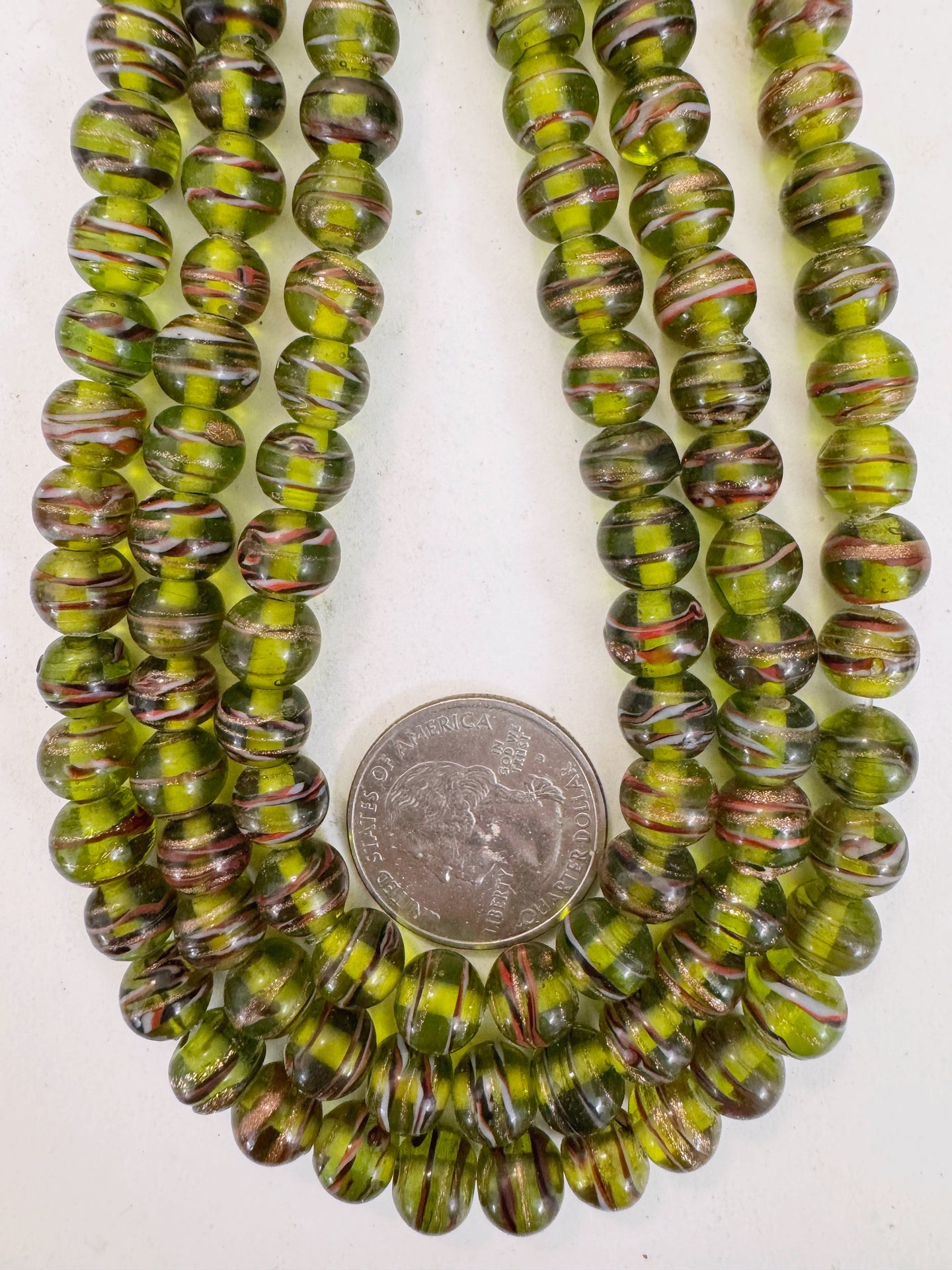 black pale dark olive green black red white metallic copper swirl motif, vintage look glass, 9x7mm rondelle, 15