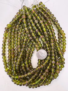 black pale dark olive green black red white metallic copper swirl motif, vintage look glass, 9x7mm rondelle, 15" strand, sold per strand