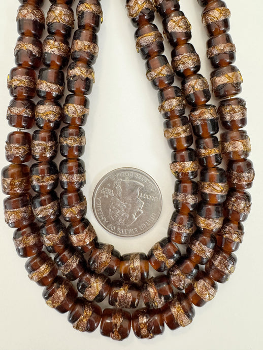 dark root beer brown metallic copper stripe swirl motif, vintage look glass, 9mm barrel, 15