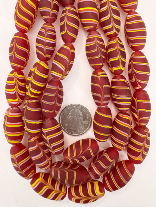matte red white yellow feathered swirl, vintage look glass, 27x14mm bowed tube, 15