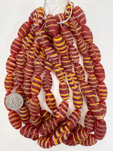 matte red white yellow feathered swirl, vintage look glass, 27x14mm bowed tube, 15" strand, sold per strand