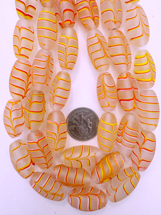 matte clear red white yellow feathered swirl, vintage look glass, 27x14mm bowed tube, 15