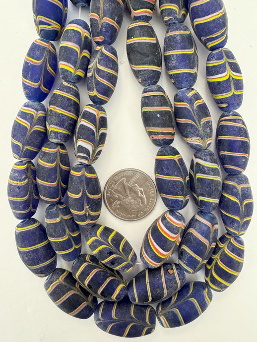 matte blue red white yellow feathered swirl, vintage look glass, 24x14mm bowed tube, 15