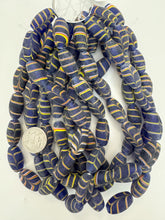 matte blue red white yellow feathered swirl, vintage look glass, 24x14mm bowed tube, 15" strand, sold per strand