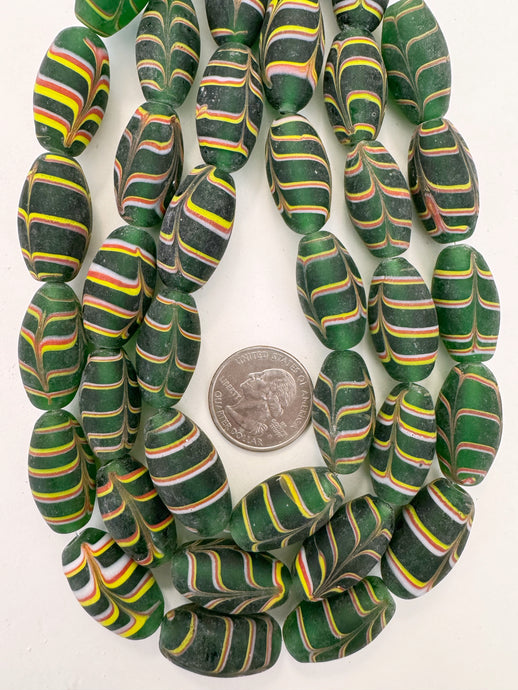 matte green red white yellow feathered swirl, vintage look glass, 24x14mm bowed tube, 15