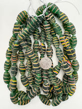 matte green red white yellow feathered swirl, vintage look glass, 24x14mm bowed tube, 15" strand, sold per strand
