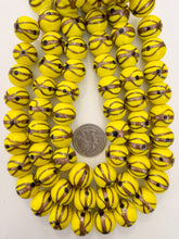 yellow black metallic copper swirl, vintage look glass, 17x15mm rondelle, 15" strand, sold per strand