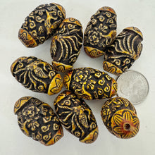 brown and golden tones, carved bird of paradise and flowers motif, vintage stock seamless resin beads, 36x21mm bowed tube , SOLD PER SINGLE BEAD