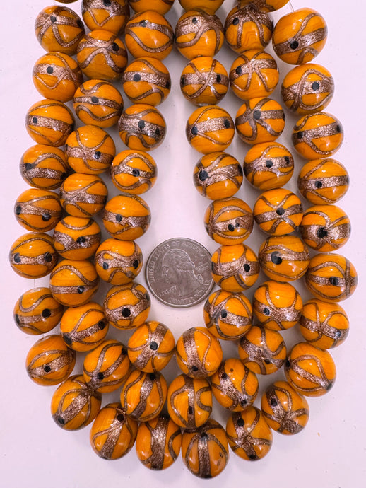 pumpkin burnt orange black metallic copper swirl, vintage look glass, 15x14mm rondelle, 15