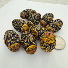 brown and golden tones, carved bird of paradise and flowers motif, vintage stock seamless resin beads, 36x21mm bowed tube , SOLD PER SINGLE BEAD