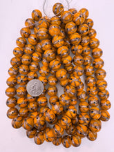 pumpkin burnt orange black metallic copper swirl, vintage look glass, 15x14mm rondelle, 15" strand, sold per strand