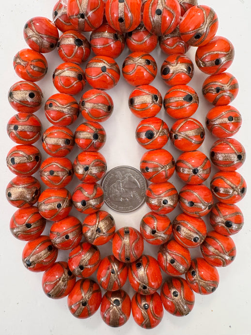 pale red black metallic copper swirl, vintage look glass, 17x15mm rondelle, 15