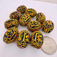 brown and golden tones, carved bird of dragon and chinese symbol motif, vintage stock seamless resin beads, 24x18mm barrel , SOLD PER SINGLE BEAD