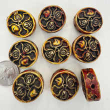brown and golden tones, carved spoked wheel nature clover motif, vintage stock seamless resin beads, 27x27x14mm coin , SOLD PER SINGLE BEAD