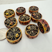 brown and golden tones, carved spoked wheel nature clover motif, vintage stock seamless resin beads, 27x27x14mm coin , SOLD PER SINGLE BEAD