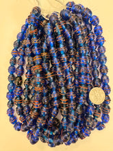 blue pale red black swirl motif, vintage look glass, 15x12mm barrel, 15" strand, sold per strand