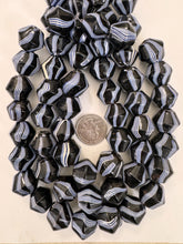 black white blue stripe, vintage look glass, 21x18mm bicone, 15" strand, sold per strand