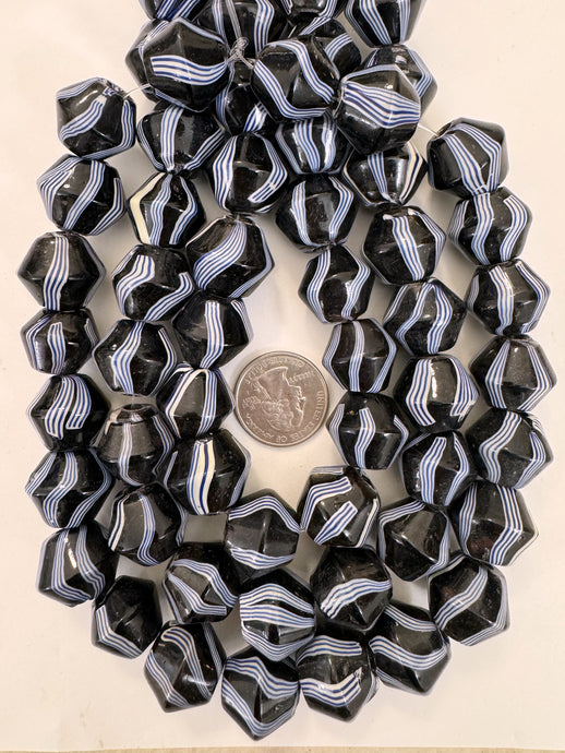 black white blue stripe, vintage look glass, 21x18mm bicone, 15