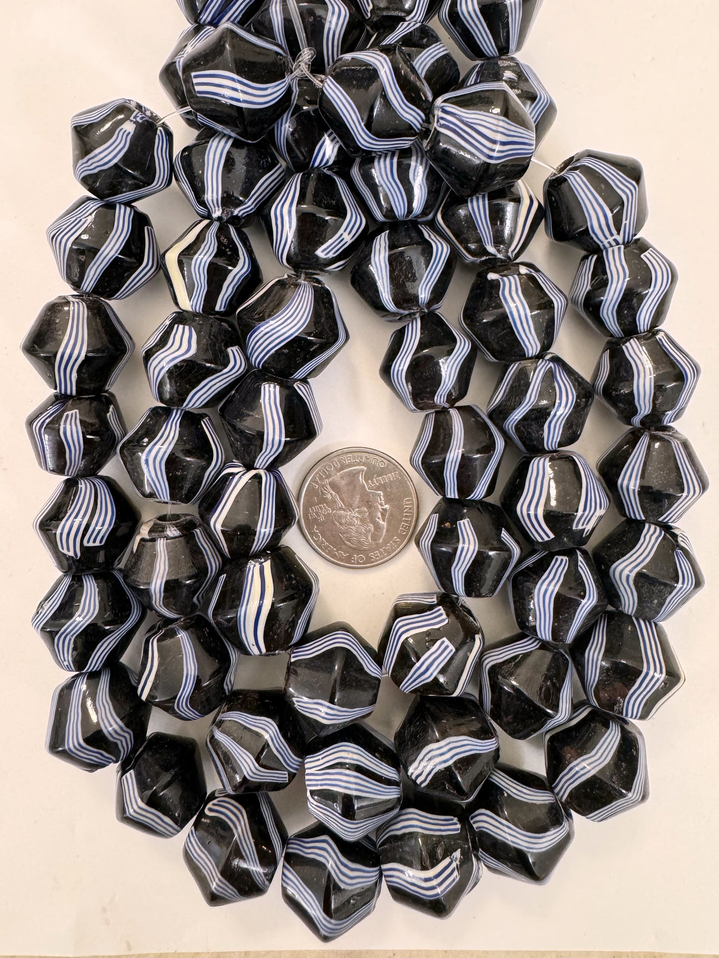 black white blue stripe, vintage look glass, 21x18mm bicone, 15